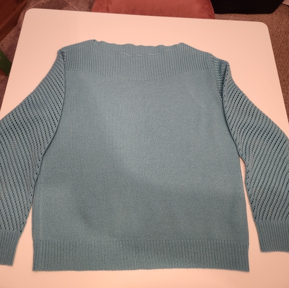 🐦  Robin’s Egg Blue Boat Neck Sweater | Open Knit Sleeves | XL | Lightweight - Picture 5 of 8